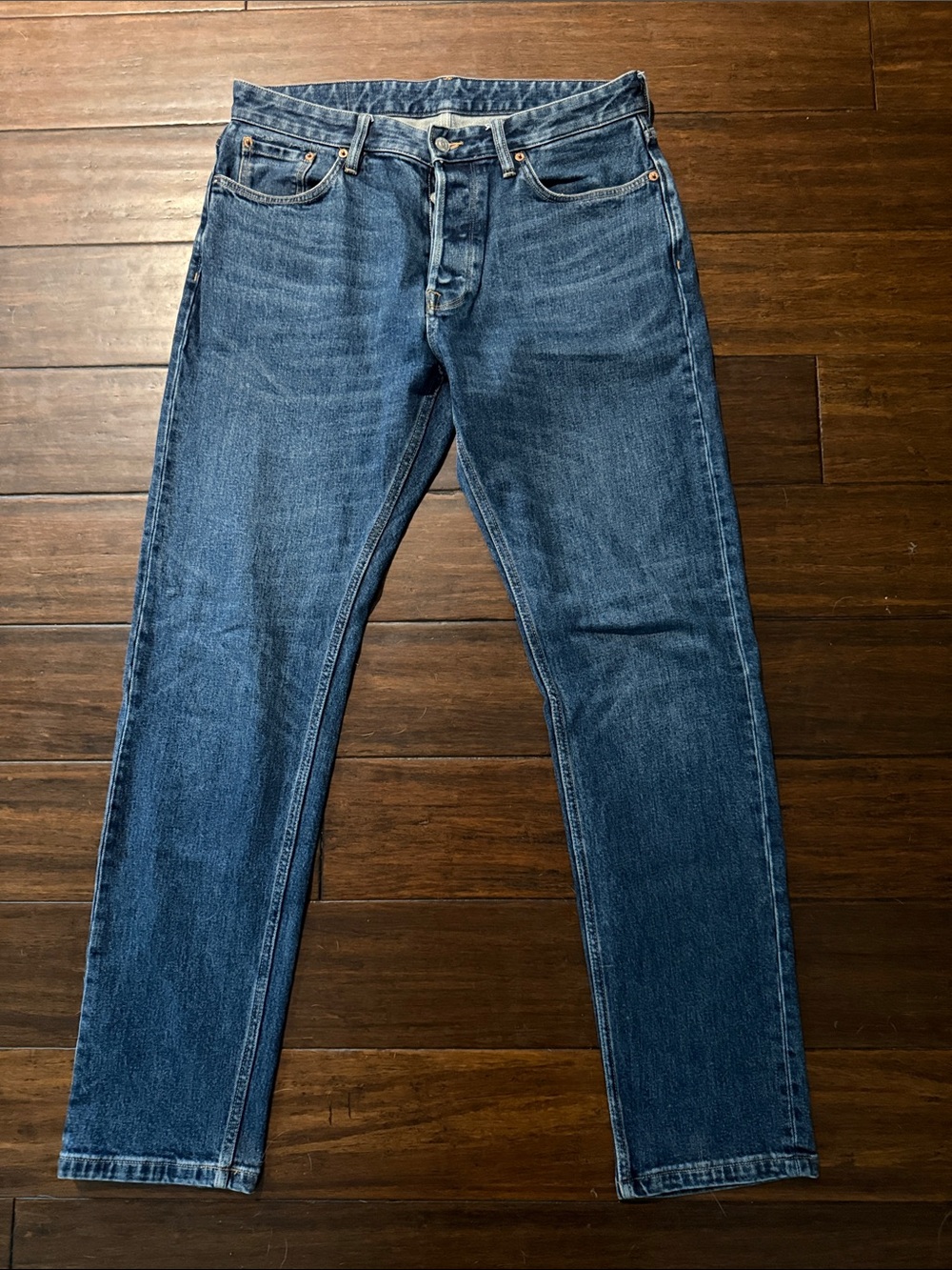 Buck Mason Ford Standard 14 oz Double Dipped Medium Wash Blue Jeans 34 x 34